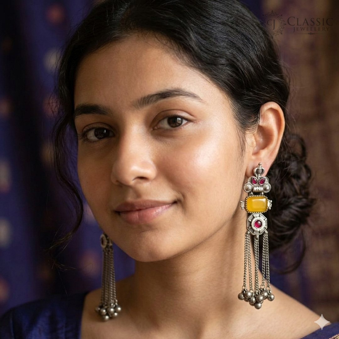 German Silver Long Tassel Earrings with Yellow Stones - Image 2