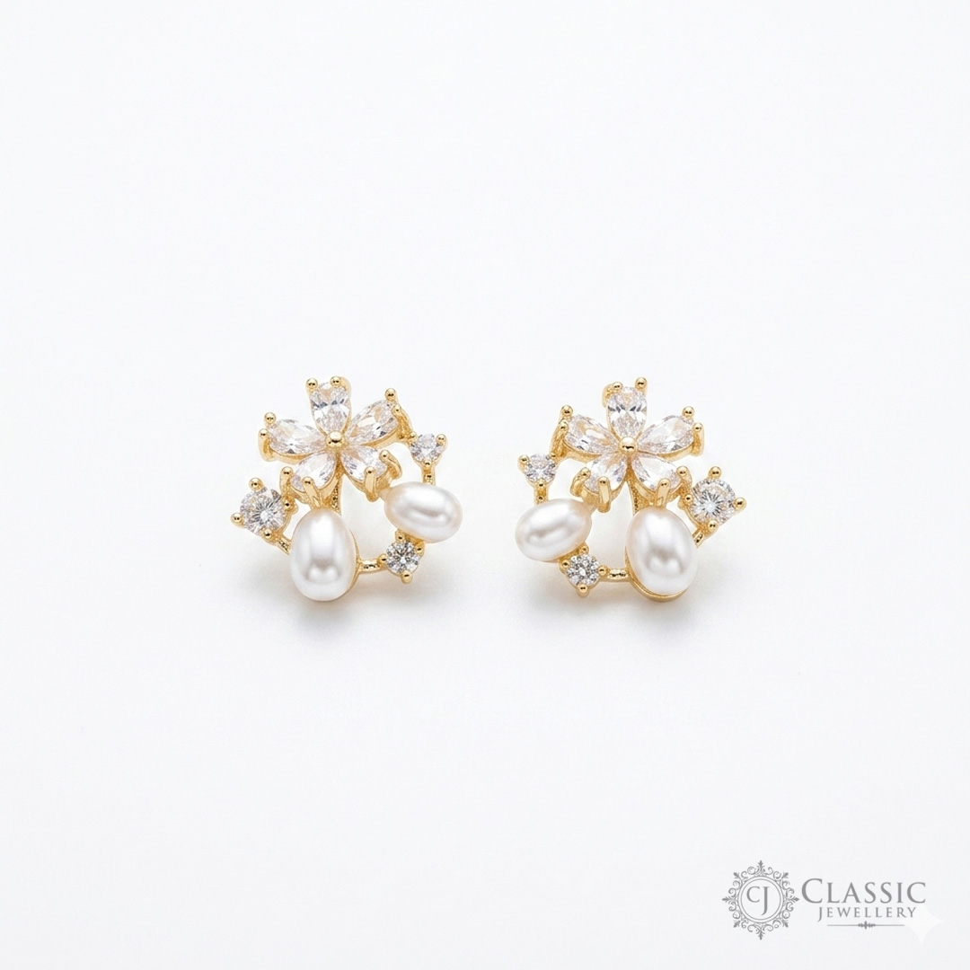 Elegant gold plated floral stud earrings with white pearls and cubic zirconia stones by Classicjewellery
