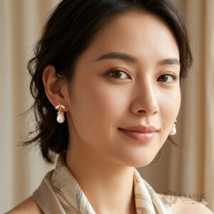 Model wearing golden leaf design pearl drop earrings with anti-tarnish finish by Classicjewellery