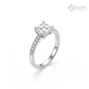 Princess cut cubic zirconia solitaire anti-tarnish silver ring on white background by Classicjewellery